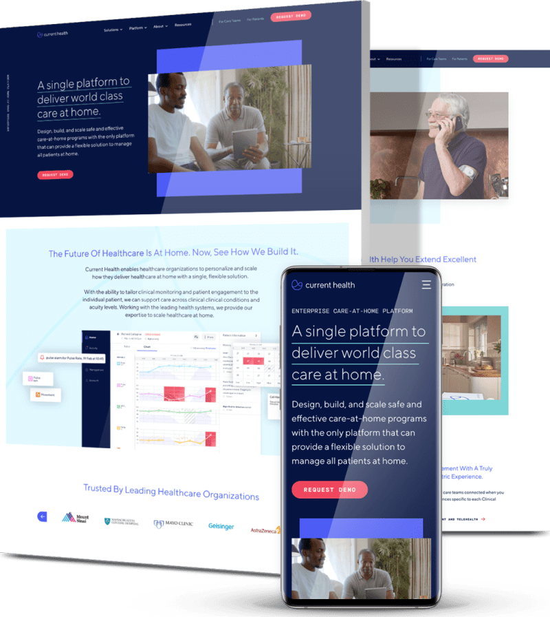 Current Health website showcased across desktop and mobile, highlighting a care-at-home platform with data dashboards and patient-focused solutions.