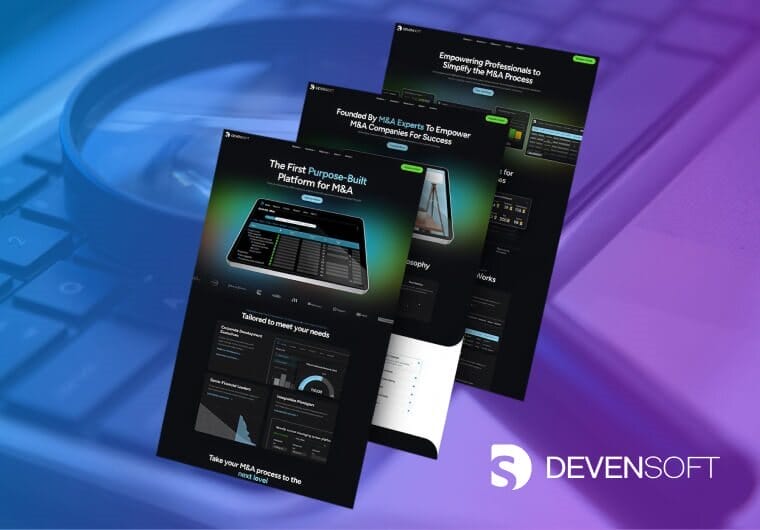 Custom Devensoft website design showcasing a modern M&A software platform with interactive dashboards, analytics, and responsive SaaS-focused interfaces.