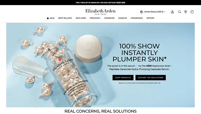 eCommerce 15 Elizabeth Arden homepage design showcasing skincare and beauty ecommerce features with promotional banners, product collections, and responsive shopping experience.