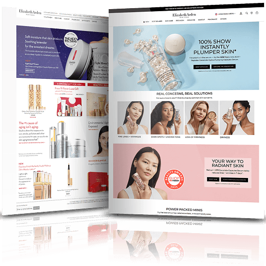 Elizabeth Arden before-and-after portfolio image featuring redesigned ecommerce website layouts with luxury skincare products, beauty collections, promotional banners, and modern responsive shopping interfaces.