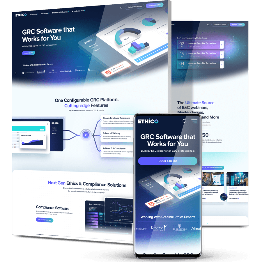 Ethico’s custom GRC software website design highlighting compliance solutions, analytics dashboards, and user-friendly responsive layouts.
