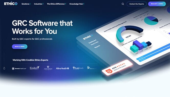 Custom Ethico website design showcasing modern GRC software solutions with interactive dashboards, compliance tools, and enterprise-focused user experiences.