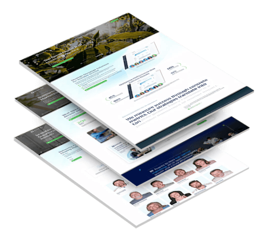 Stacked website design mockups for Evolute showcasing responsive B2B digital marketing pages, analytics visuals, performance metrics, and modern lead generation layouts.