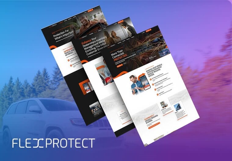 Three stacked images of FlexProtect’s website design featuring vehicle protection services, automotive technology solutions, connected vehicle management tools, and sleek responsive layouts with dark modern branding.
