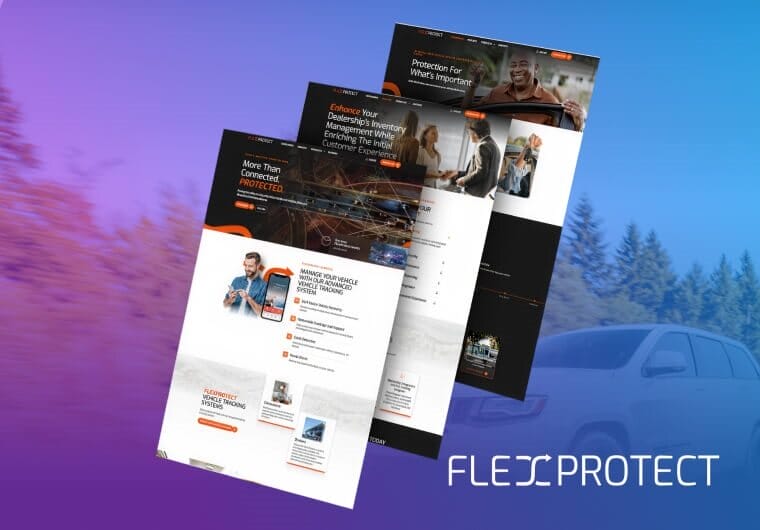 Three stacked images of FlexProtect’s website design featuring vehicle protection services, automotive technology solutions, connected vehicle management tools, and sleek responsive layouts with dark modern branding.
