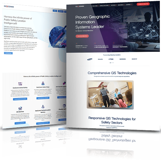 GeoComm website redesign transforming an outdated GIS platform into a modern, responsive digital experience focused on public safety and emergency response solutions.