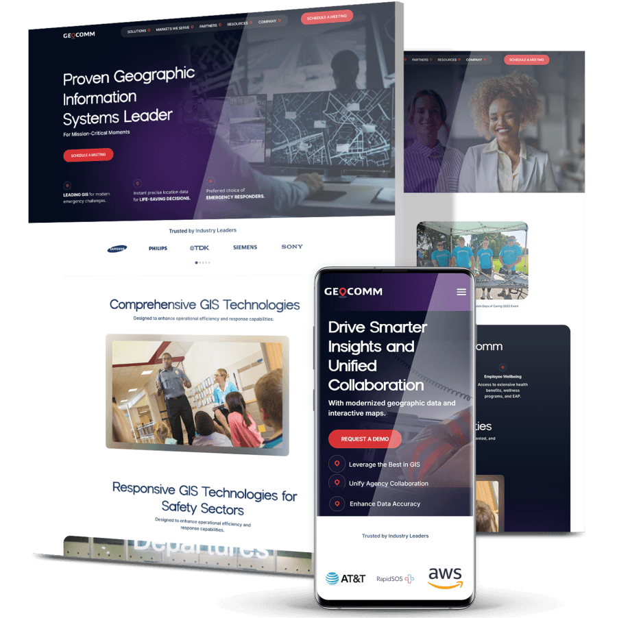 Responsive GeoComm website design built to showcase GIS technologies, emergency response solutions, and collaborative mapping tools.