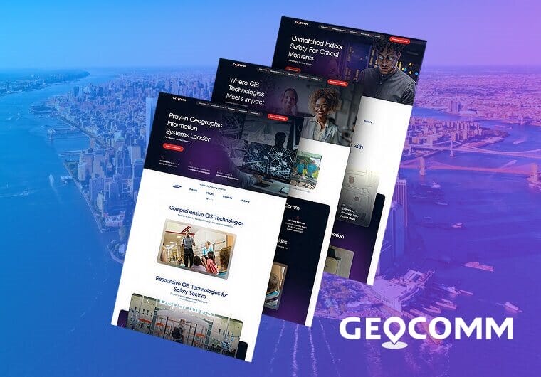 Custom GeoComm website design showcasing GIS technology solutions, emergency response systems, and responsive enterprise-focused digital experiences.