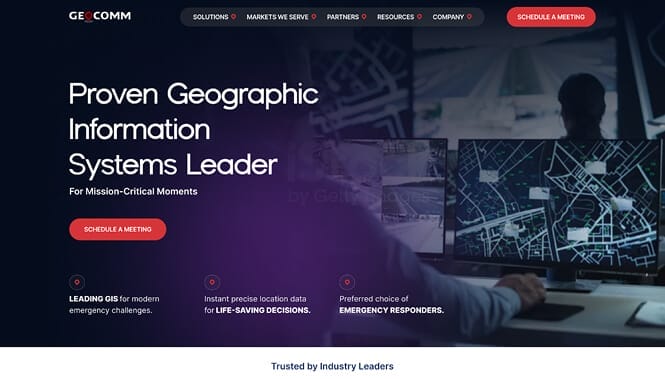 Custom GeoComm website design showcasing GIS technology solutions for public safety, emergency response, and mission-critical operations.