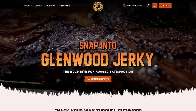 eCommerce Development 17 eCommerce website homepage with a close-up jerky background, bold orange hero headline, and a “Start Shopping” call-to-action