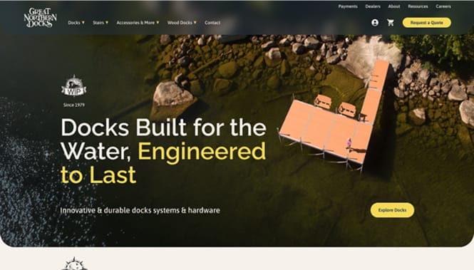 eCommerce 17 Great Northern Docks homepage featuring aerial waterfront imagery, dock system promotions, and modern website design for marine construction and outdoor living solutions.