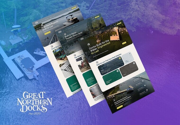 Great Northern Docks portfolio image featuring three responsive website layouts with dock construction services, waterfront products, and outdoor marina imagery displayed over a lakefront background with blue and purple gradient overlay.