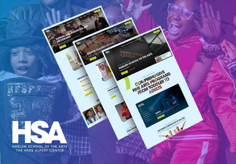 Harlem School of the Arts website design showcase featuring arts education programs, dance classes, youth enrichment initiatives, and responsive cultural institution web pages.