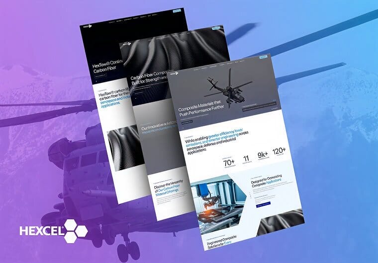 Hexcel website design mockup featuring multiple responsive webpage layouts with aerospace imagery, carbon fiber textures, helicopter visuals, and modern industrial branding on a blue and purple gradient background.