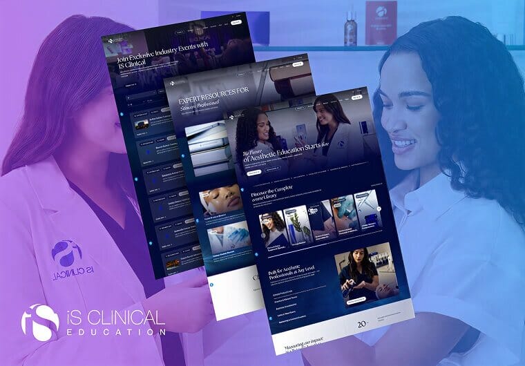 iS Clinical Education website design mockup featuring multiple responsive webpage layouts with skincare education content, beauty professionals, training resources, and sophisticated dark-themed branding on a blue and purple gradient background.