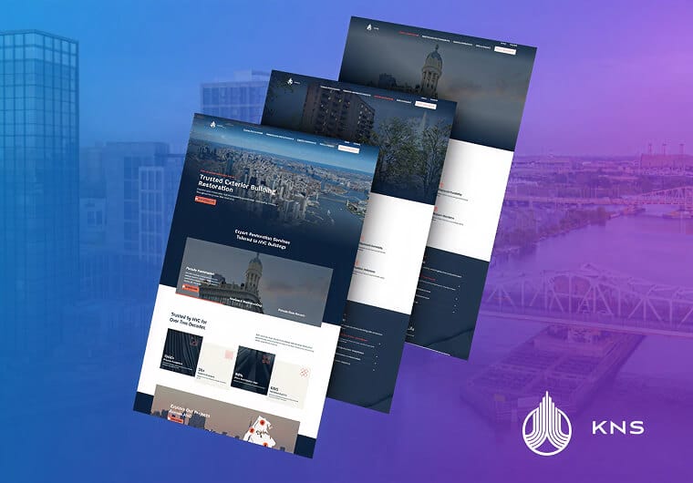 Website design mockups for KNS showcasing façade restoration, exterior repair, and urban construction projects.