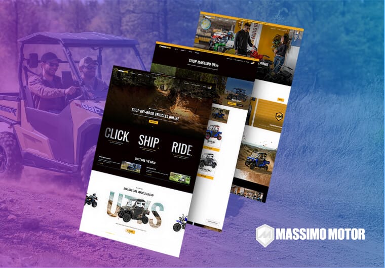 Massimo Motor portfolio image featuring three responsive ecommerce website layouts with UTVs, off-road vehicles, and powersports products displayed over a rugged outdoor background with blue and purple gradient overlay.
