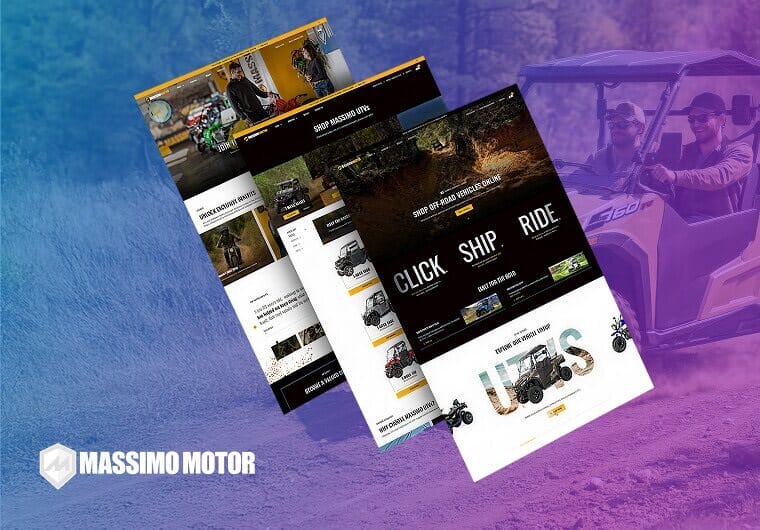 Massimo Motor portfolio image featuring three responsive ecommerce website layouts with UTVs, off-road vehicles, and powersports products displayed over a rugged outdoor background with blue and purple gradient overlay.