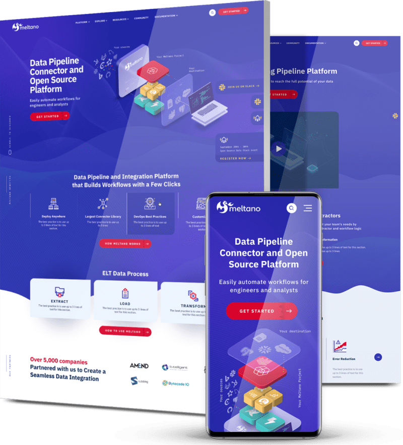 Custom website design for Meltano showcasing a modern data pipeline and open-source integration platform with responsive desktop and mobile experiences.