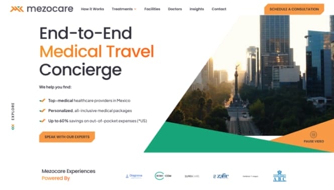 Mezocare website homepage featuring medical travel concierge services with city imagery, key benefits, and a call-to-action for consultations.