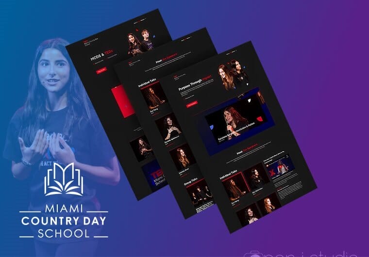 Miami Country Day School portfolio image displaying three dark-themed responsive website layouts with student presentations, TEDx-style educational content, and interactive storytelling elements against a blue and purple gradient background.