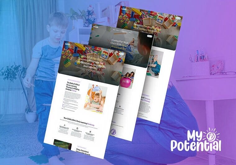 My Potential website design mockup featuring multiple responsive webpage layouts with pediatric therapy content, child development imagery, sensory integration visuals, and colorful healthcare branding on a blue and purple gradient background.