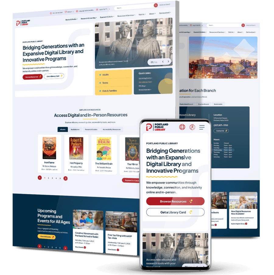 Image showing Portland Public Library's website design on desktop and mobile