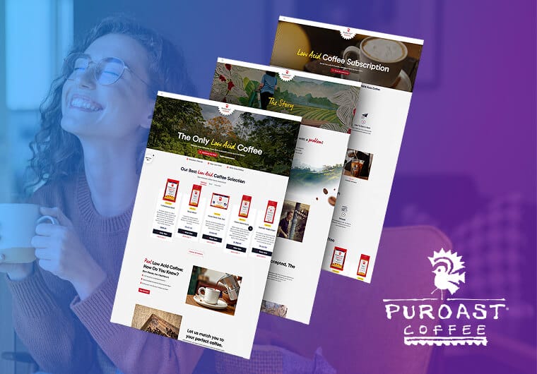 Three stacked images of Puroast Coffee's website design