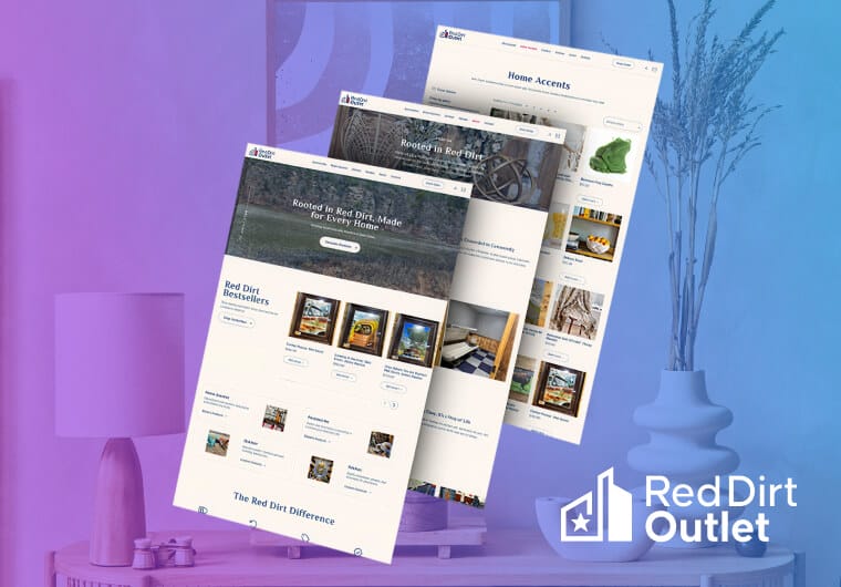 Red Dirt Outlet website design showcasing curated home décor collections, artisan products, and a warm ecommerce shopping experience.