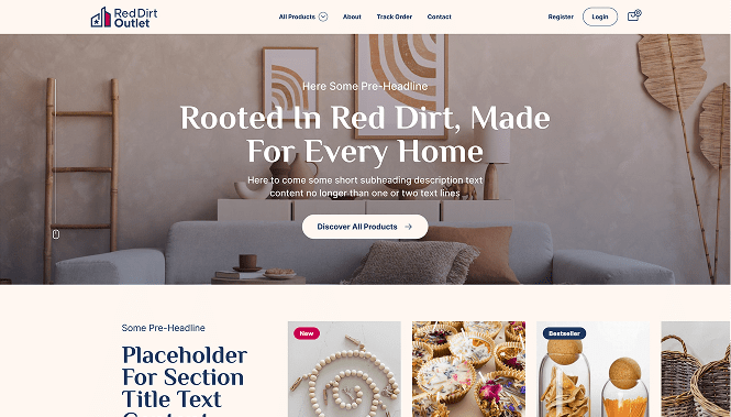 eCommerce 16 Red Dirt Outlet homepage displaying rustic home décor collections, featured handcrafted products, and ecommerce website design with neutral earthy aesthetics.
