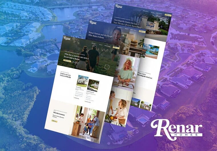 Renar Homes real estate website design showcase featuring luxury residential communities, homebuyer resources, and responsive property browsing experiences.