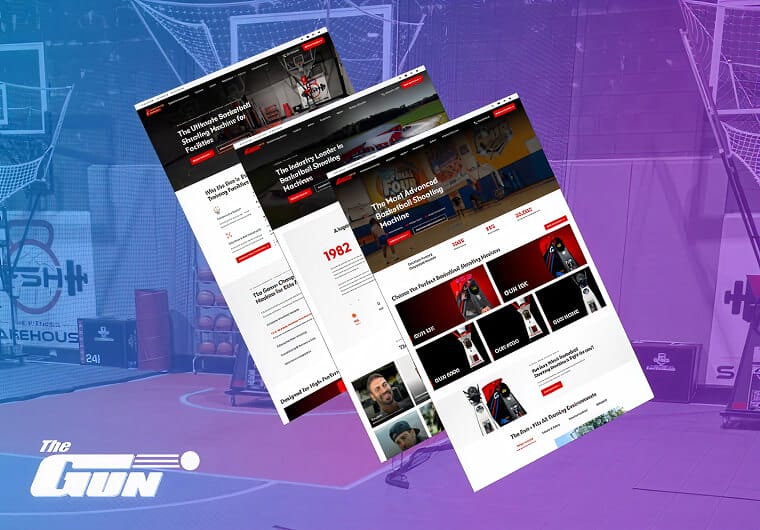 Shoot-A-Way website design displayed across multiple pages, featuring basketball shooting machines, product listings, and training-focused content over a sports-themed background.