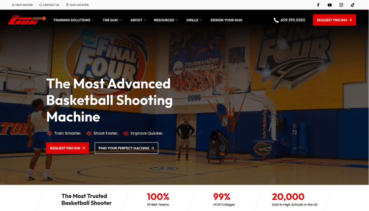 Shoot-A-Way homepage showcasing a basketball shooting machine in a gym with bold headline and performance statistics.