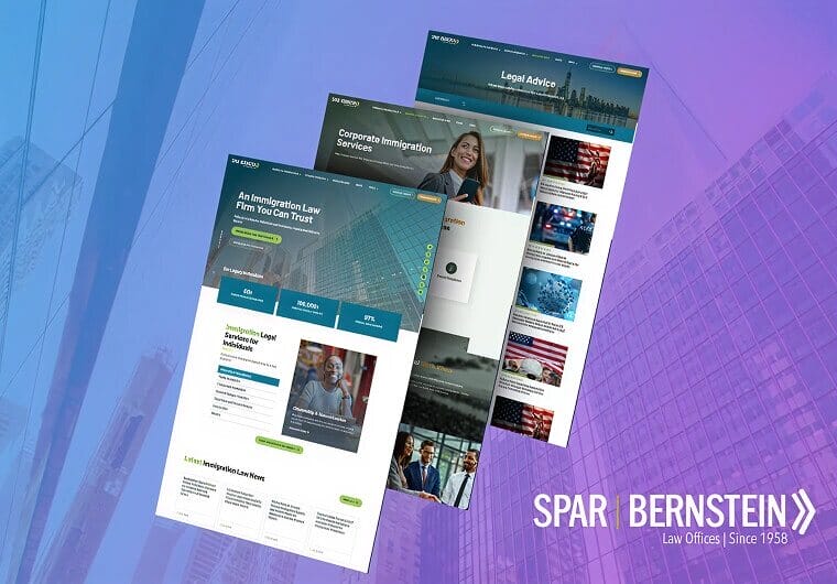 Spar & Bernstein law firm website design mockup featuring multiple responsive webpage layouts with immigration law content, legal advice resources, attorney-focused imagery, and professional corporate branding on a blue and purple gradient background.