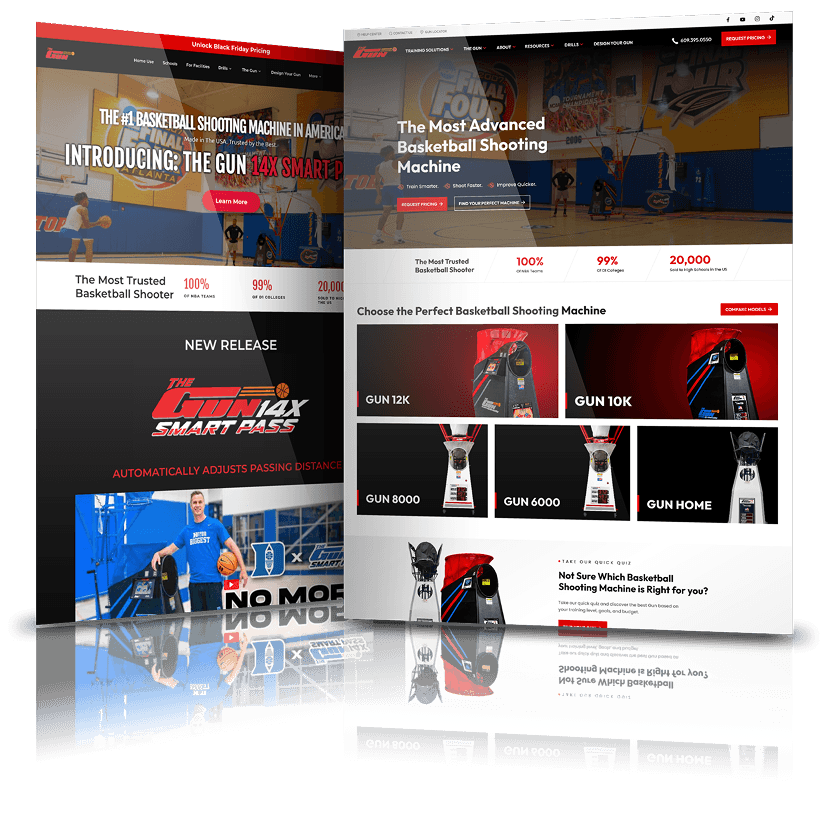 Before and after comparison of the Shoot-A-Way website, showing the transition from an older basketball shooting machine interface to a modern, product-focused design with enhanced visuals and navigation.
