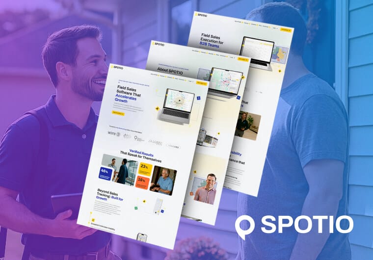 SPOTIO portfolio graphic showing two sales professionals talking outside a home, overlaid with website design mockups
