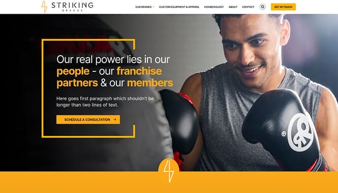 Striking Brands homepage featuring a boxer training with bold typography emphasizing franchise partnerships and fitness solutions.
