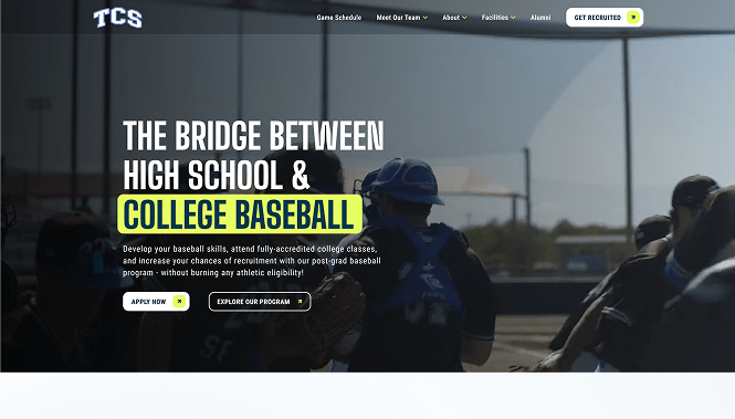 TCS baseball website homepage highlighting a college prep program with athletes on the field and bold messaging about bridging high school and college baseball.