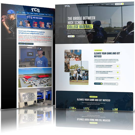 Before and after comparison of the TCS baseball website, showcasing the upgrade from a content-heavy layout to a clean, dynamic design focused on player development and program promotion.