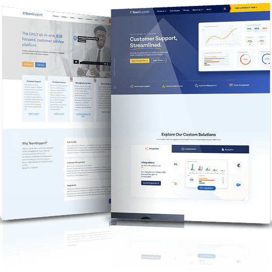 TeamSupport website redesign focused on improving customer engagement through modern SaaS visuals, analytics integrations, and streamlined navigation.