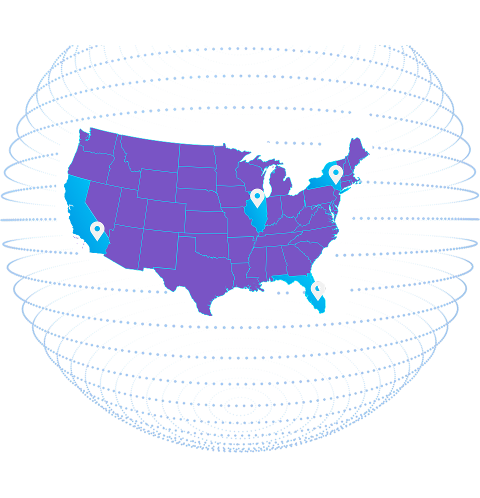 Illustrated United States map graphic highlighting multiple Digital Silk office locations with glowing location pins and futuristic blue network design elements.