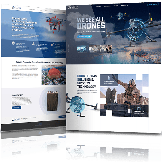 Verus Technology Group website displayed across multiple layouts featuring drone detection systems, aerospace imagery, futuristic interface elements, and counter-UAS technology branding.