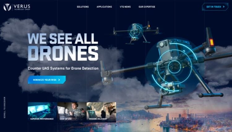 Creative Design Agency 76 Verus Technology Group homepage featuring drone detection systems, aerospace technology visuals, dark futuristic UI design, and bold messaging focused on counter-UAS security solutions.