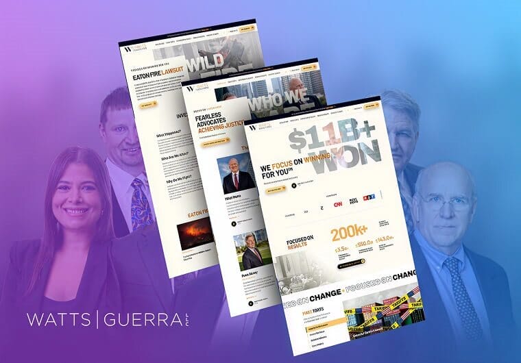 Watts Guerra law firm website design mockup featuring multiple responsive webpage layouts with attorney profiles, legal case highlights, large typography, and modern corporate branding on a blue and purple gradient background.