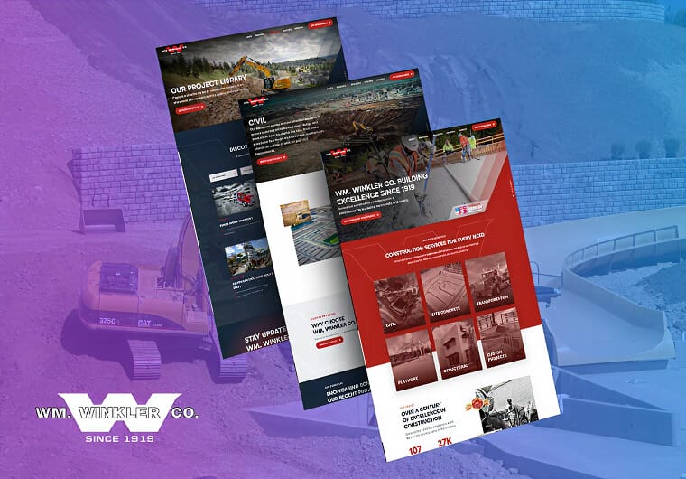Website design mockups for WM Winkler Co. highlighting heavy construction, excavation equipment, and concrete services.