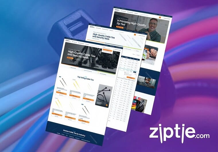 Three stacked images of ZipTie.com’s ecommerce website design featuring cable ties, security seals, industrial product catalogs, and clean responsive layouts for online purchasing.