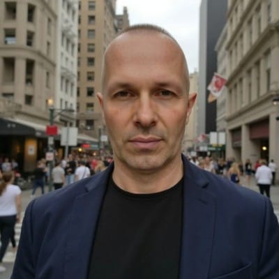 Man with closely shaved hair wearing a dark blazer over a black shirt, standing on a busy city street
