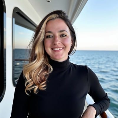 Smiling woman with long blonde-highlighted hair wearing a black turtleneck, standing on a boat with the ocean in the background