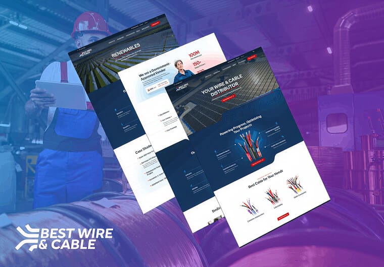 Best Wire & Cable website design mockup featuring multiple responsive webpage layouts with industrial cable imagery, renewable energy visuals, product showcases, and manufacturing backgrounds in a blue and purple gradient setting.