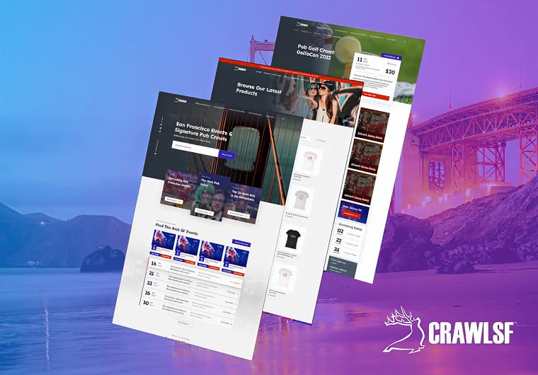 CrawlSF website designs displayed over a San Francisco background, showcasing event listings.